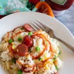 hot dog fried rice with ketchup swirl
