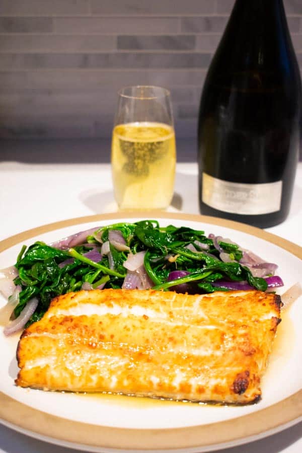 roasted ling cod with spinach and sparkling wine