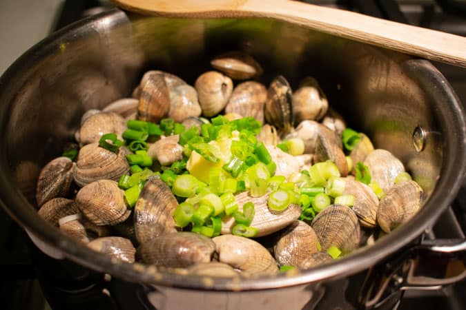 Morimoto inspired manila clams recipe with green onion in pot
