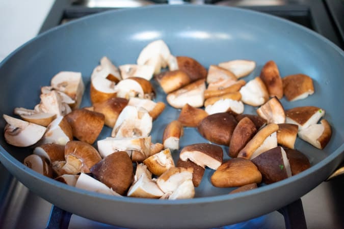 Vegan Mapo Tofu with mushrooms in pan