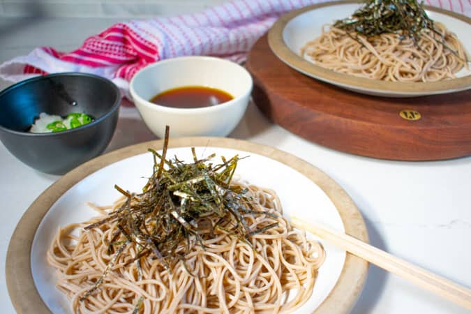 soba noodles on plate with soba noodles sauce