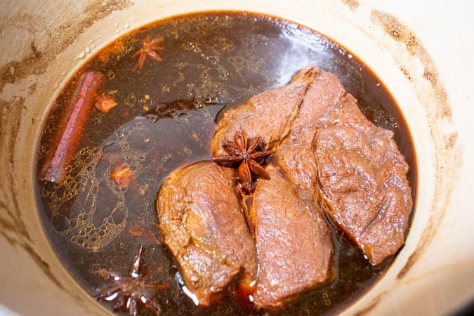 Chinese Braised Beef Shank cooking in pot