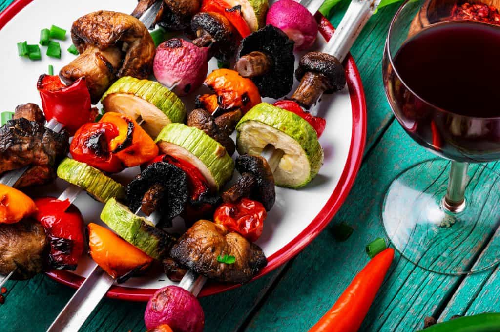 Vegan BBQ Skewers with a glass of red wine
