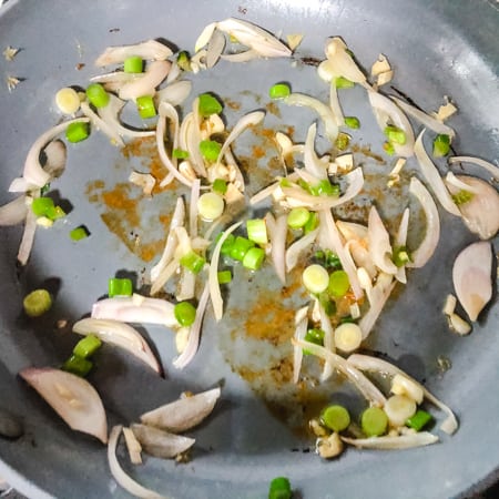 fried shallots, scallion, and garlic in a non stick pan