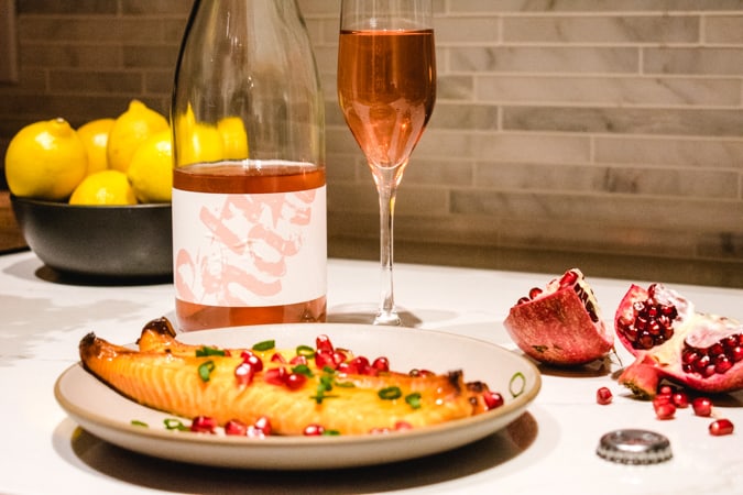 Gilbert Family Wine pet nat rose with salmon belly and pomegranate