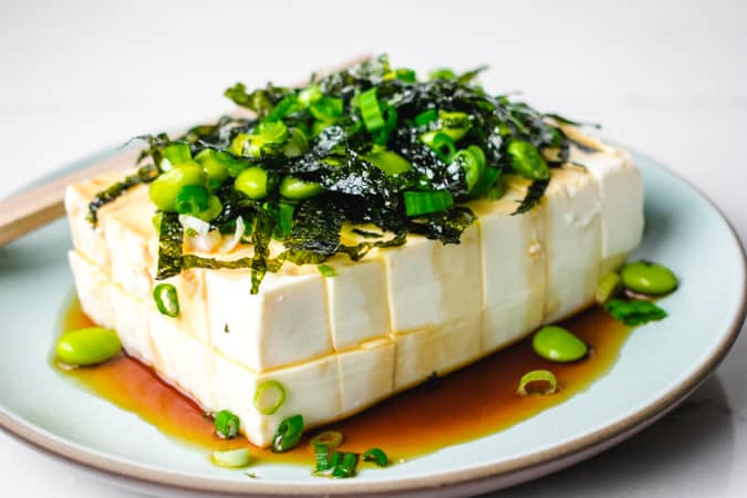 Vegan Japanese Tofu Salad on a blue plate