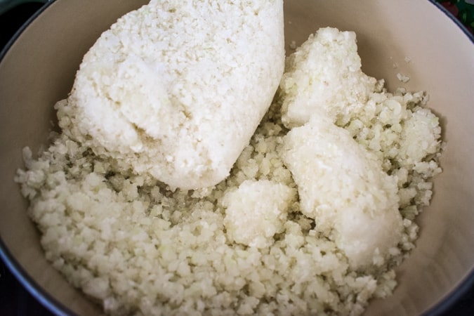 frozen cauliflower rice in a pot
